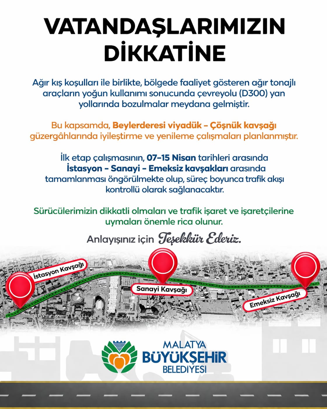 TRAFİĞE NEFES ALDIRACAK ÇALIŞMA: BEYLERDERESİ–ÇÖŞNÜK HATTI YENİLENİYOR