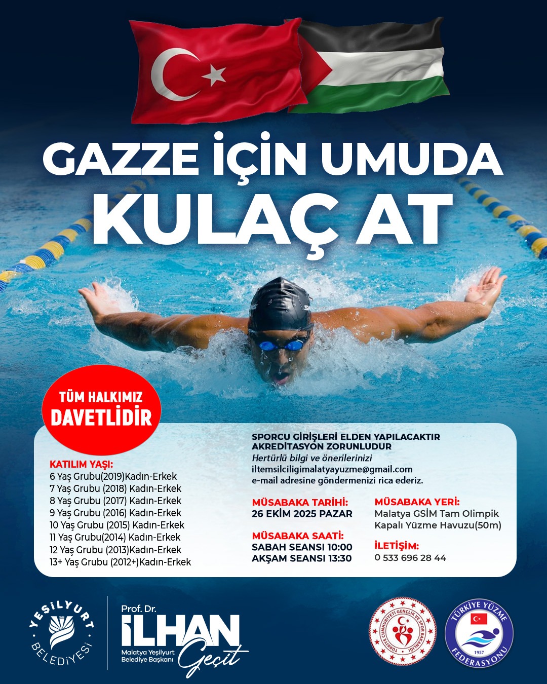 Yeşilyurt Belediyesi “Gazze İçin Umuda Kulaç At” Yüzme Yarışması Düzenliyor